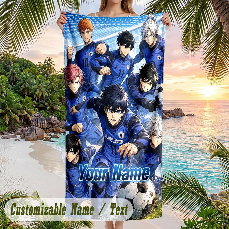 Blue Lock Beach Towel, Personalized Custom Name Text, Quick Dry Large Absorbent Towel For Beach Pool