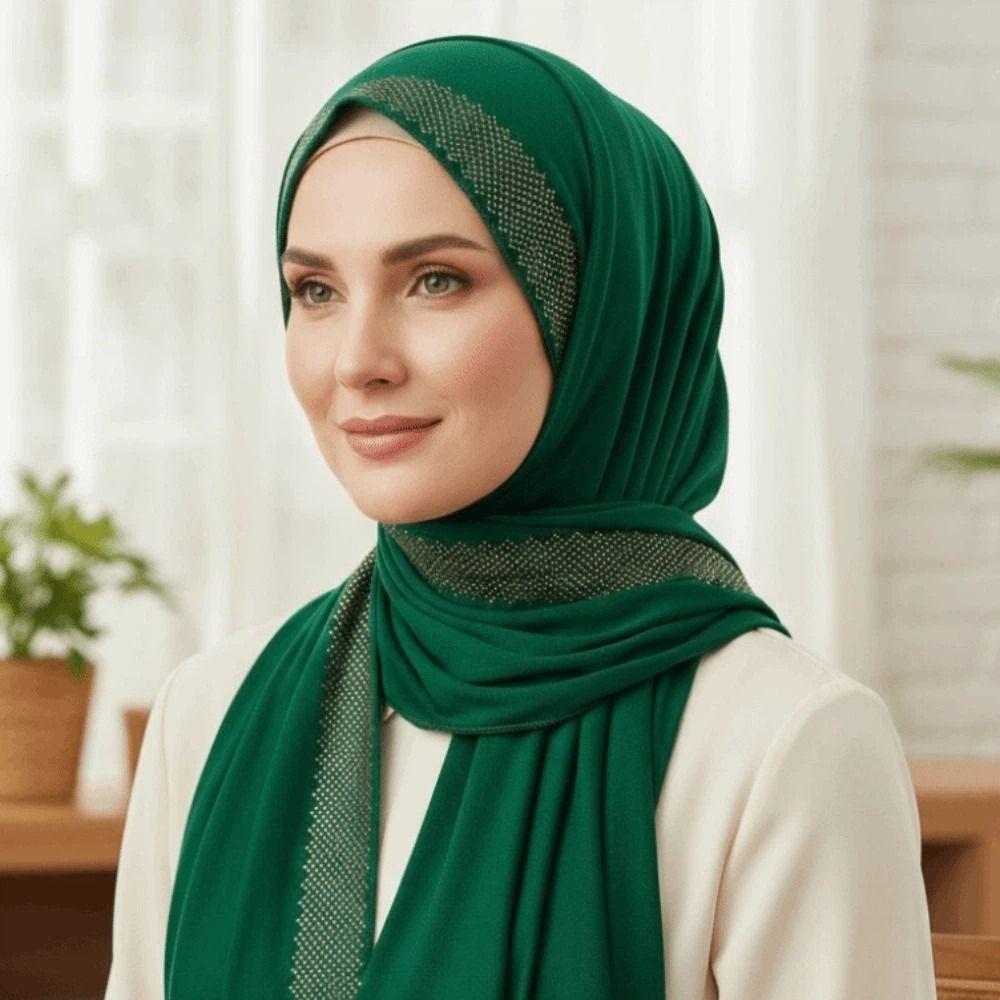 Long Rhinestone Chiffon Hijab Scarf Sunscreen Thin Large Shawl Fashion Smooth Silk Headscarf  Girls