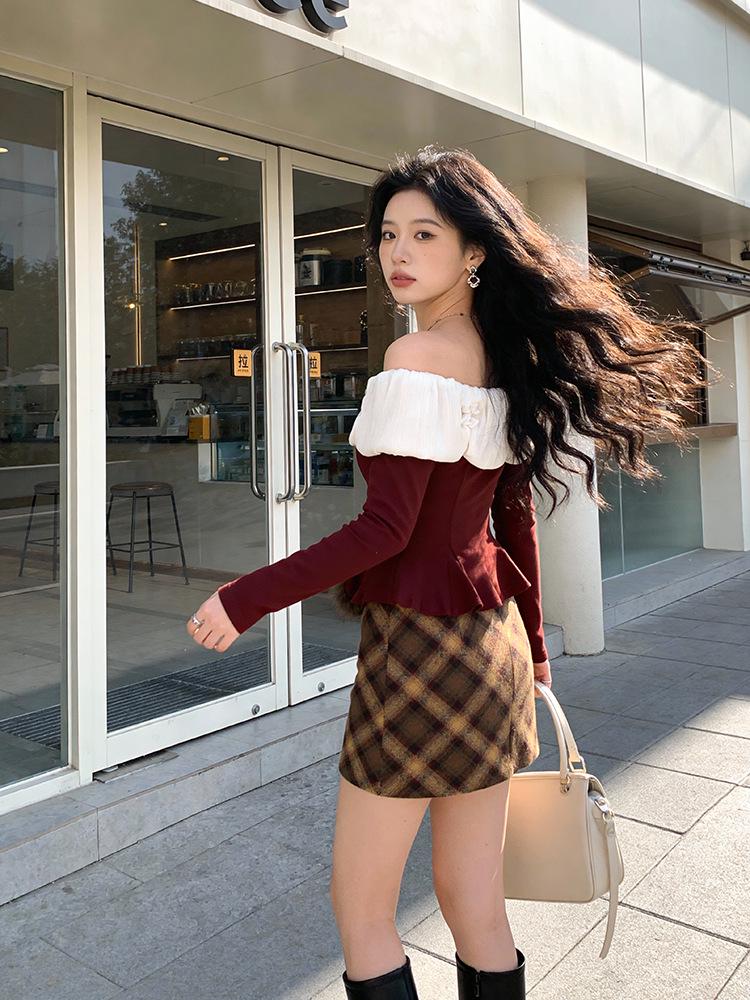 Fei Yuan Plaid Belted Red Skirt - Festive Autumn/Winter Style