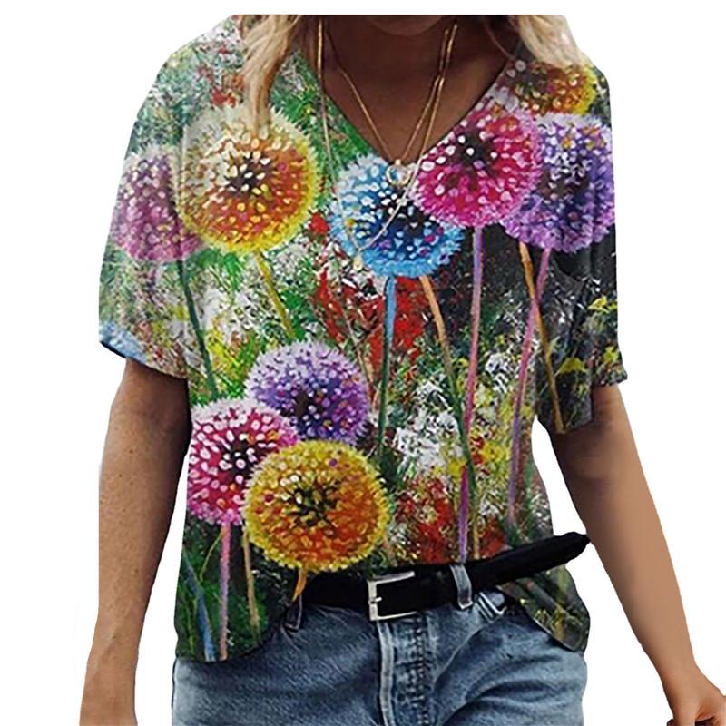 Oversized New 2025 Summer Women 3D Print Casual Street Hipster V-Neck Short Sleeve Clothing Loose