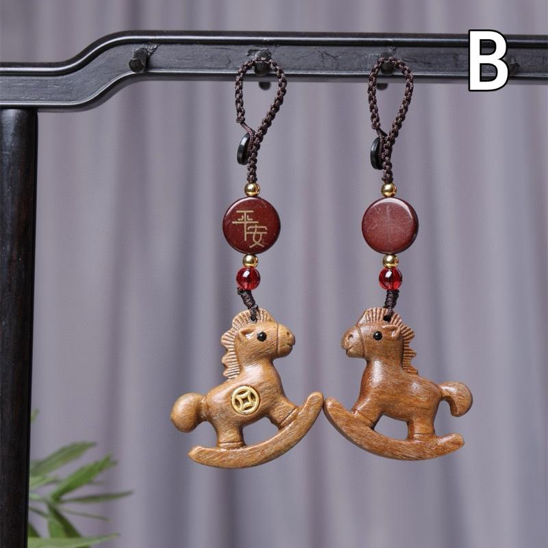 Becoming Rich Zodiac Horse Key Chain Cartoon Handmade Rope Wood Phone Chain Lanyard Sandalwood Chinese Style Key Ring New Year