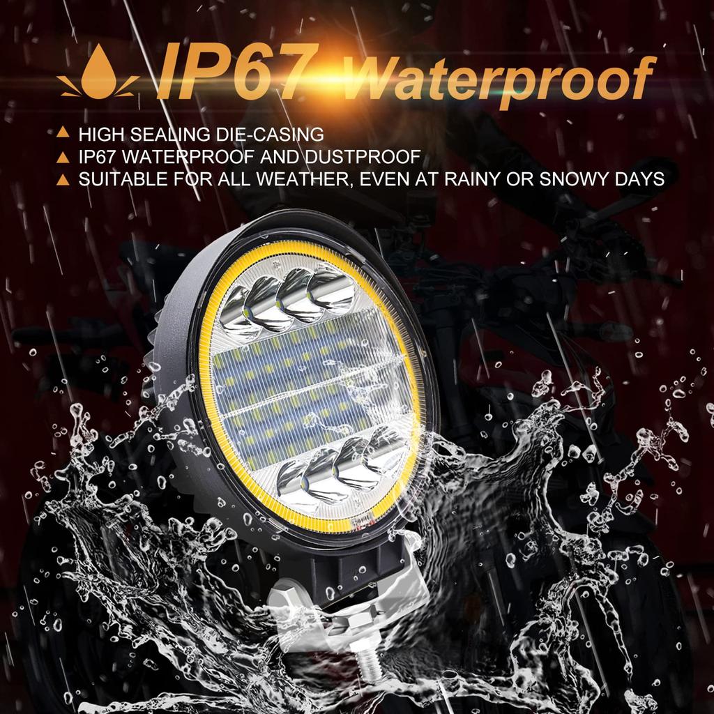 72W LED Work with Yellow Halo Ring Light, 4.5-inch Round, Wide/Narrow Angle, White, 6500K, 12V-80V Compatible, Waterproof, Universal,