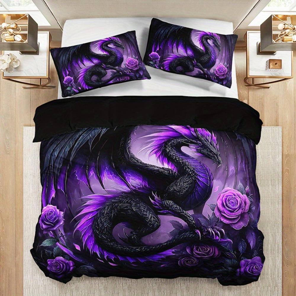 Gothic Style Bedding 2/3pcs Dark Purple Dragon and Rose Bedding Set 1 Duvet Cover   Pillowcases Christmas Gift Duvet Cover
