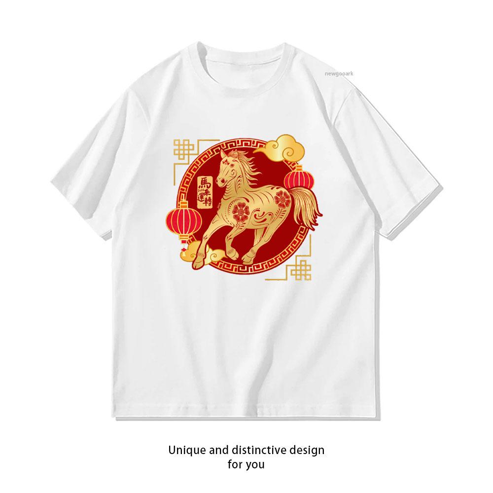 Chinesisches Neujahr Tierkreiszeichen Pferd Grafik T-Shirts Mondneujahr Damen Unisex Baumwollhemd 2026 Neujahr Kurzarm
