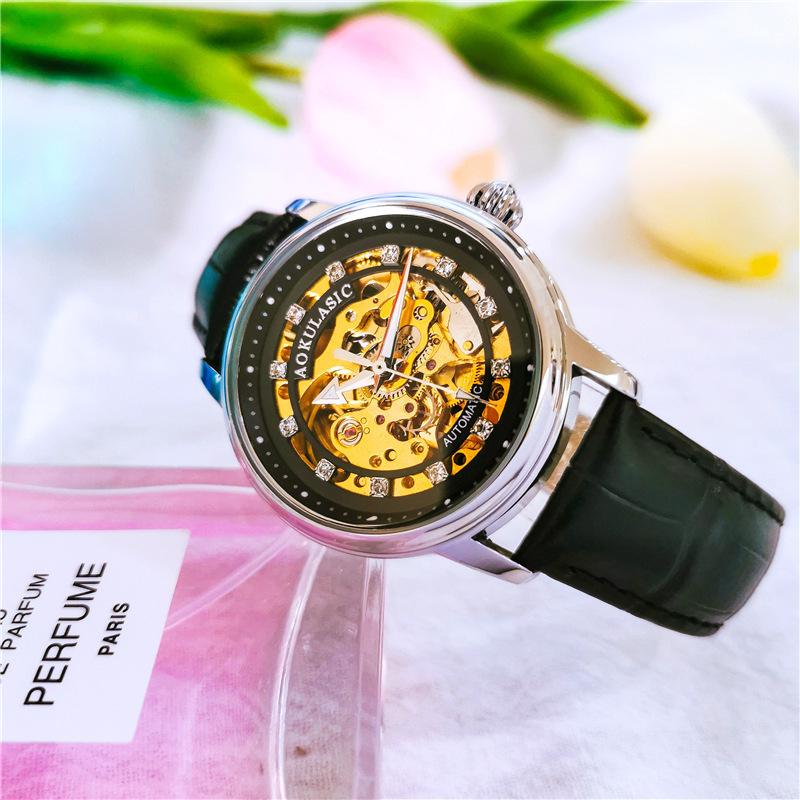 Hohles Diamant-Set Automatische Mechanische Uhr Damen Mode Einfache Leuchtende Wasserdichte Uhr Damen Gezeiten