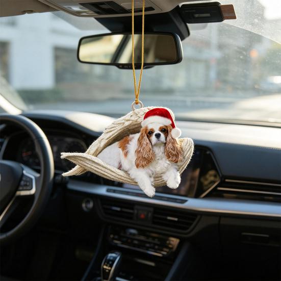 2Pcs Sleeping Dog Car Hanging Ornament, Acrylic 2D Flat Pendant, Cute Animal Rearview Mirror Charm, Christmas Gift Keychain