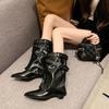 Autumn Vintage Thick Heel Women Western Cowgirl Boots Fashion Belt Buckle Ladies Elegant Slip on Mordern Mid Calf Booties