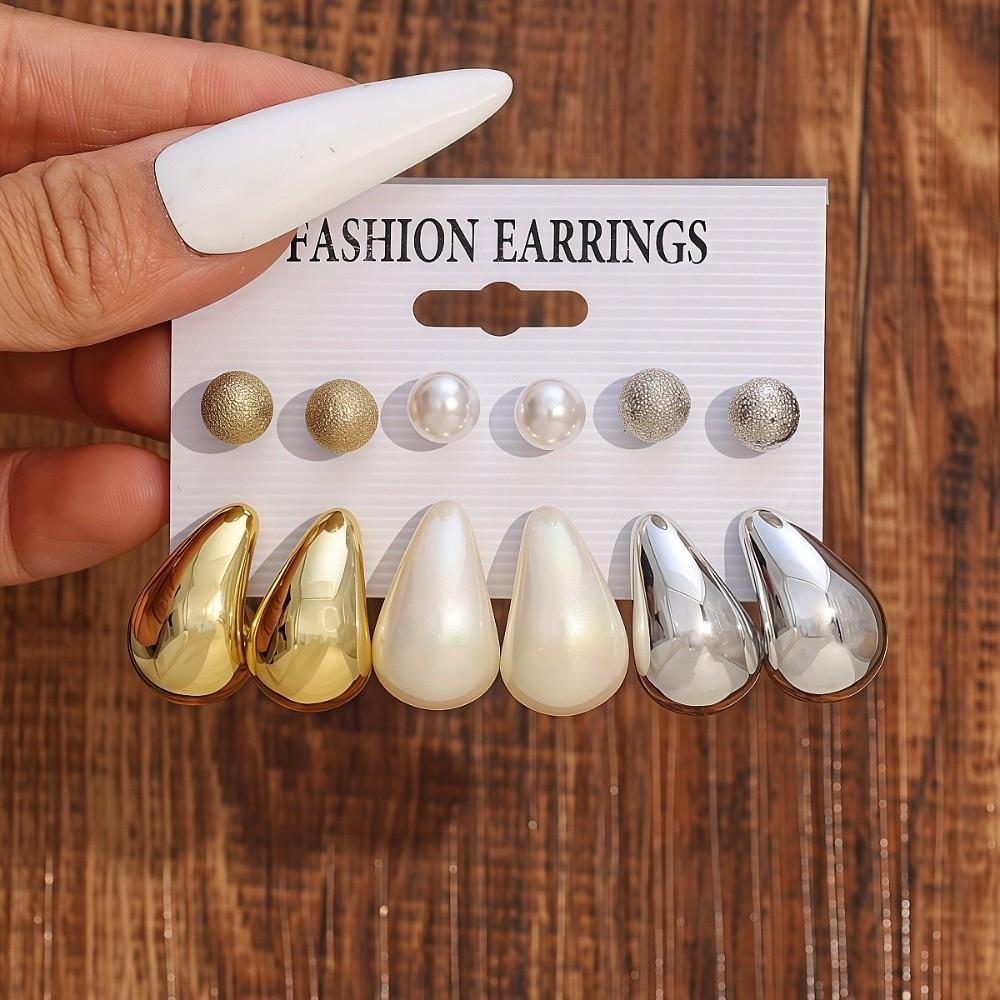 6pairs Chunky Water-drop Drop Earrings Glossy Luxury Chunky Waterdrop Earrings Matte Finish Bead Stud Earring