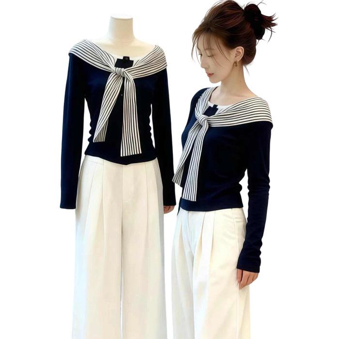 

Korean Temperament Patchwork Stripe Tie-Up Long-Sleeve Slim-Fit Top for Women, Spring/Autumn, Niche Unique and Versatile Design Extra Large