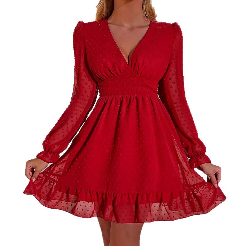 European and American Women's Clothing French Long-sleeved Elegant V-neck Dress Chiffon Ruffle Edge High Waist Slim Temperament Short Skirt