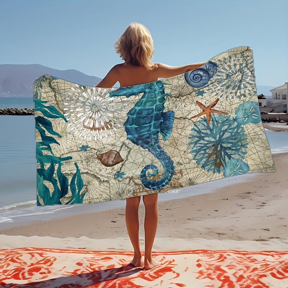 Seepferdchen & Meereskarte Strandtuch Gemustert Sonnenschutz und Winddicht Geeignet für Schwimmbad Camping Reise Decke