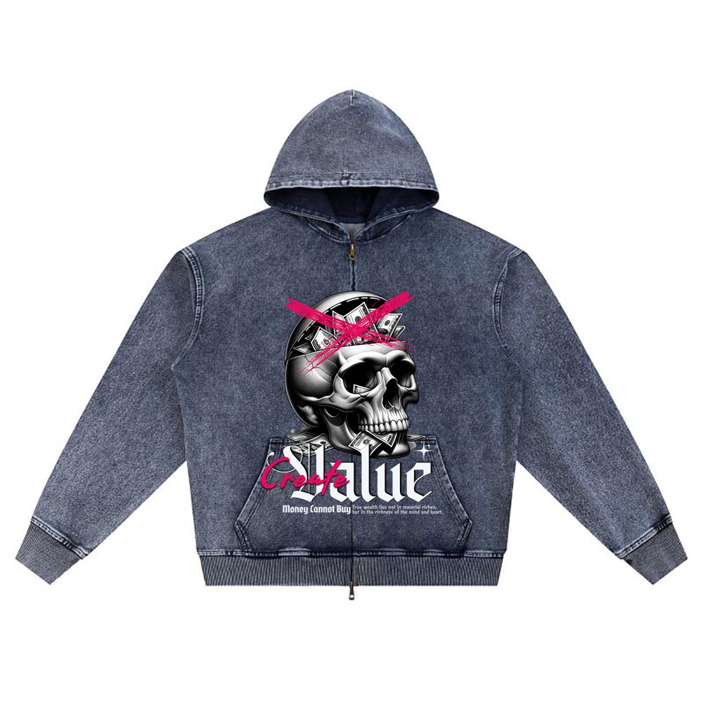 DTG print Knitted Denim Zip-Up Hoodie Money Cannot Buy Brother Print Zipper Hoodies XL