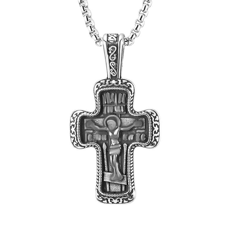 Men's Titanium Steel Cross Pendant Necklace with Retro Inscription