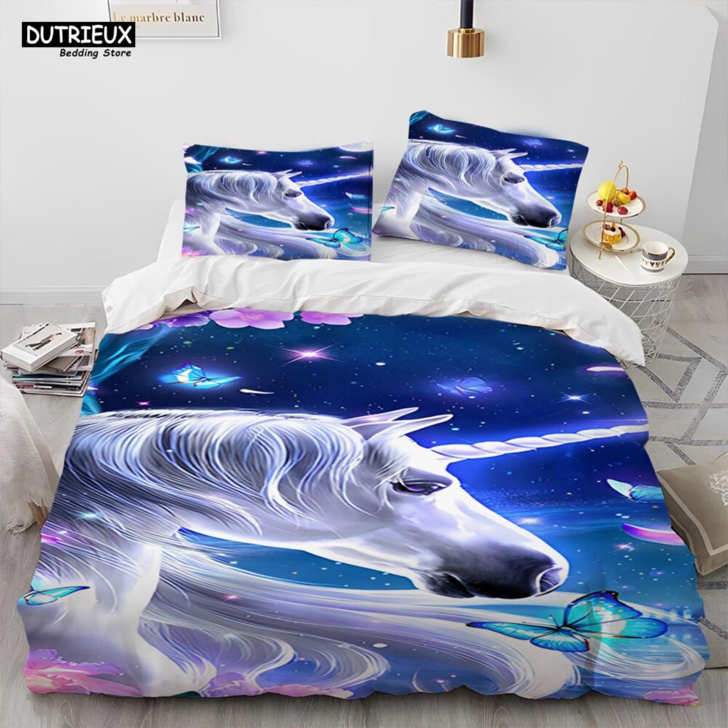 Unicorn Cute Cartoon Comforter Bedding Set,Duvet Cover Bed Set Quilt Cover Pillowcase,Queen Bedding Set For Child Boy Girl Gift
