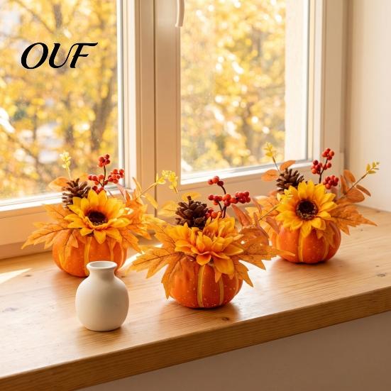 Decorative Harvest Festival Props Artificial Pumpkin Table Centerpiece with Sunflowers Maple Leaves And Pine Fall Centerpieces Cones, Halloween