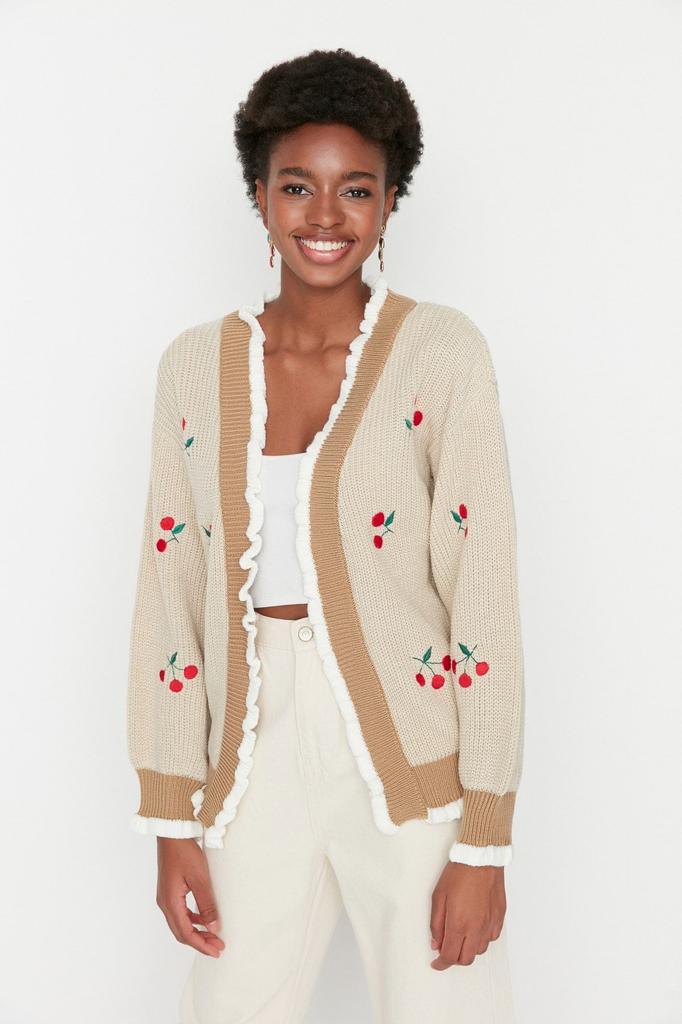 Women's Fashion Stylish Cardigan Yellow Embroidered Knitwear Cardigan