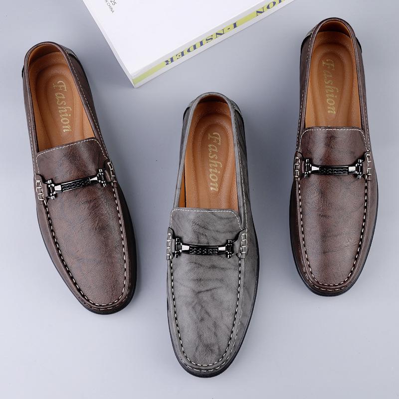Men's Casual Leather Slip-On Loafers - Low-Top Spring Driving Shoes with Cowhide Upper