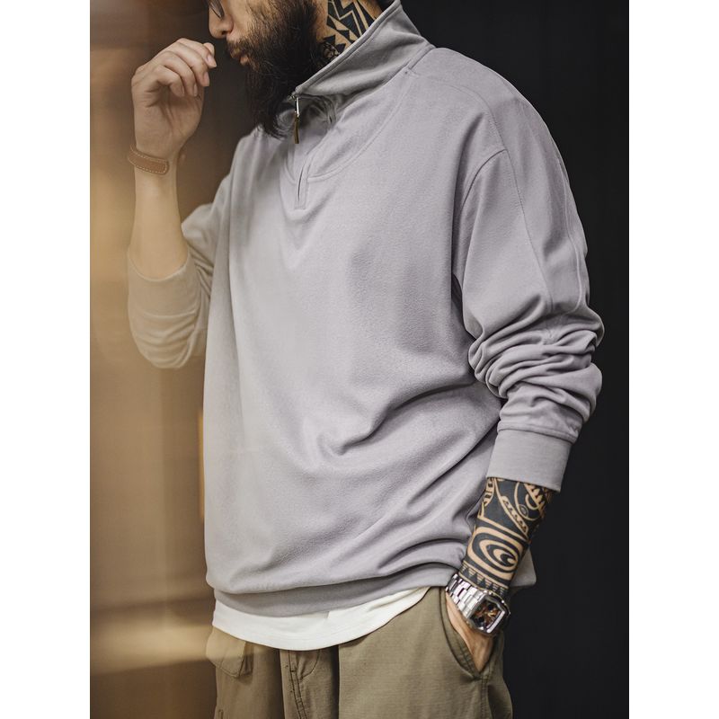 Madden Parka American Casual Half Zipped Stand Collar Stitching Long Sleeve T-shirt Lapel Pullover Solid Color Hoodie Men's Autumn