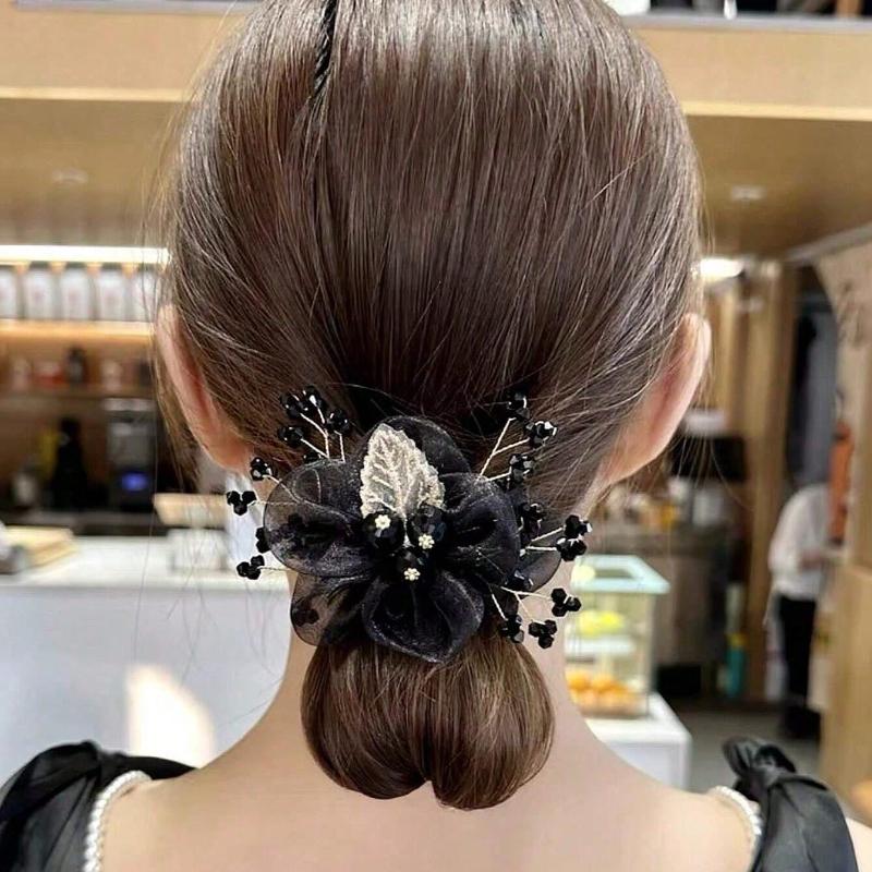 1pc New Floral & Leaf Design Hair Scrunchie with Rhinestones, Fashionable Hair Accessory with Elegant Feel