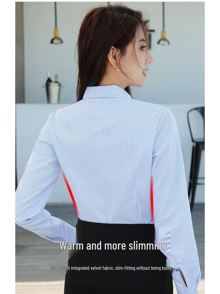 Women's Plus Velvet Blue & White Striped Long Sleeve Shirt - Versatile Pro Wear for Autumn/Winter.