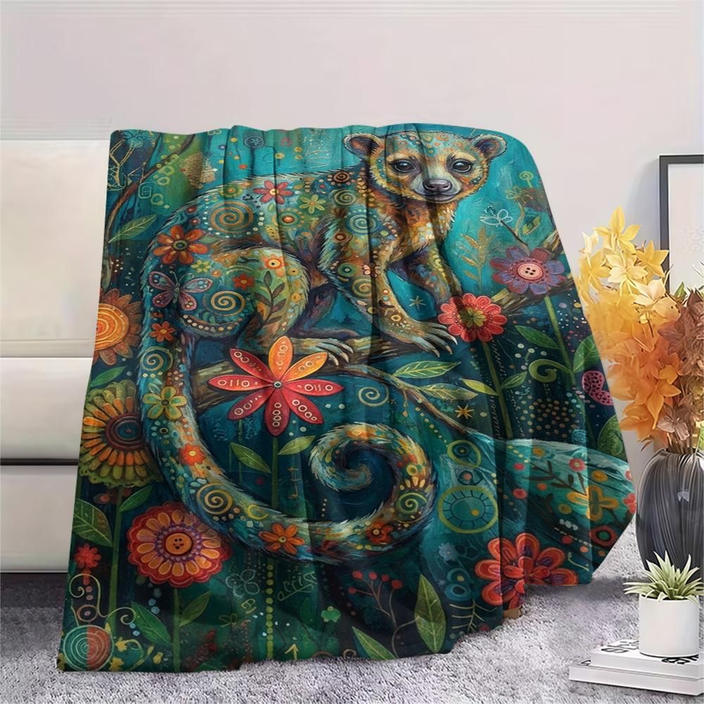 1PC Bohemian Kinkajou Art Print FlAannel Blanket, High quality Comfortable for All Seasons, Home Decor, Warmth and Comfort