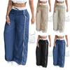 Women's Fashion Color Blocked High Waist Straight Leg Wide Leg Pants Pocket Casual Pants