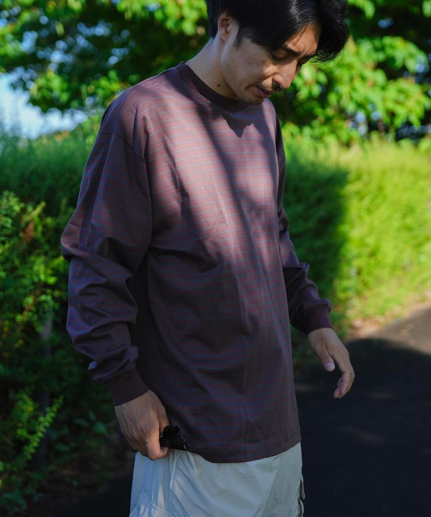 Snow Peak Hybrid Wool Mesh Stripe Cut and Long and Size L L/S T-Shirt SW-25AU014, Sew, Sleeve, T-Shirt, Men's Women's, Brown,