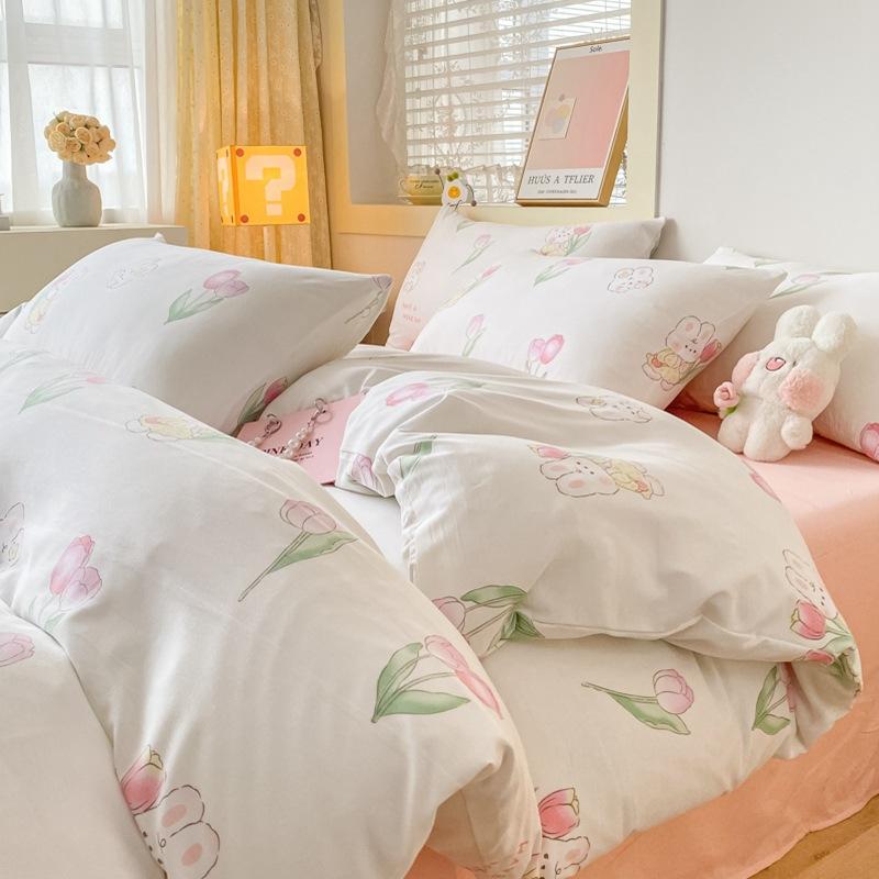 Small Fresh Washed Cotton Four-piece Set, Bedding Quilt Cover, Dormitory Single Bed Three-piece Set