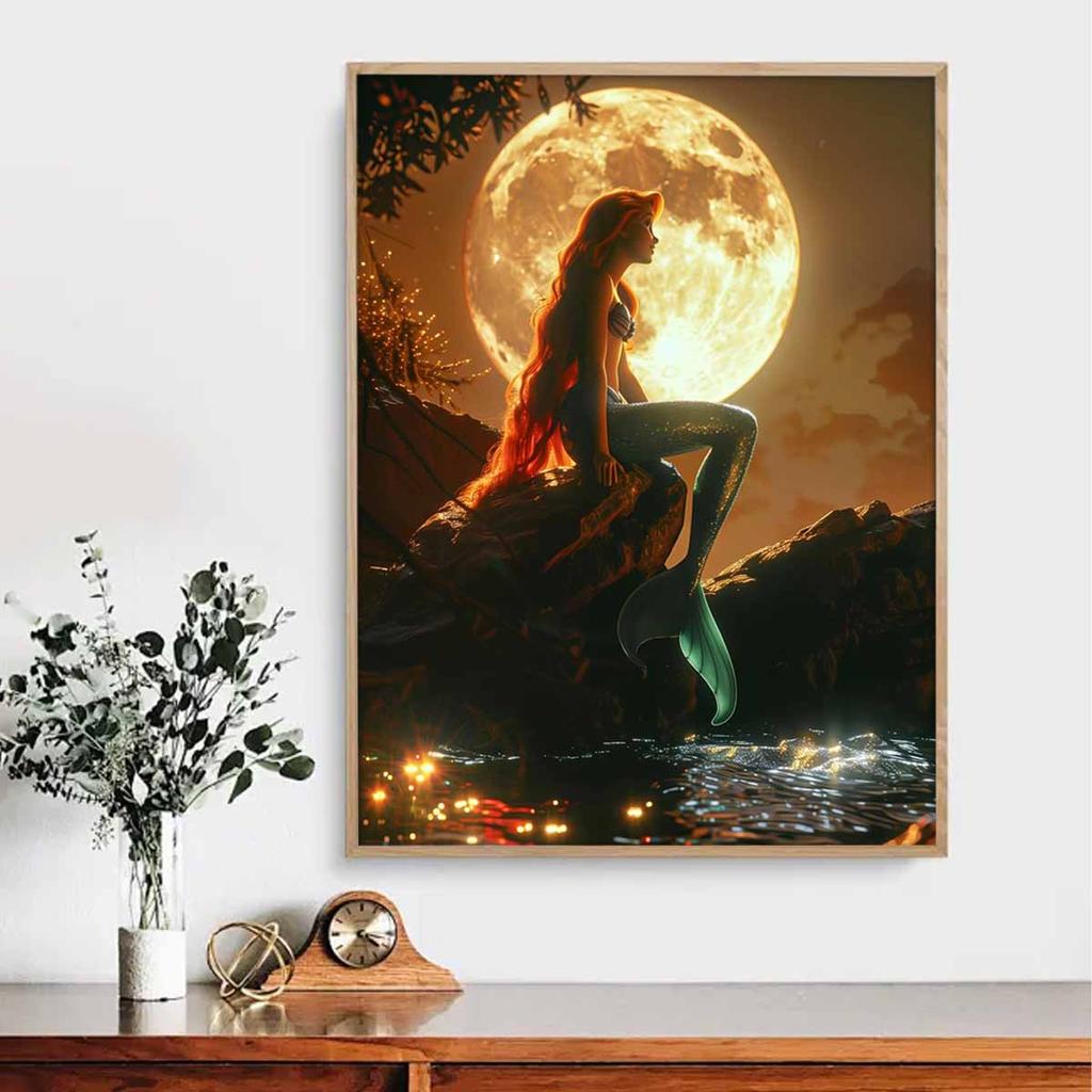 5D DIY Diamond Art Painting Kits for Adults, The Mermaid Under The Moonlight Full Round Crystal Diamond Kits for Beginner for Home Wall Decorate