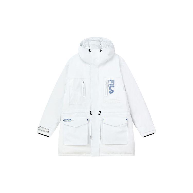 Fila Fitted Letter Hooded Mid-Length Down Jacket Men Outerwear Cool-Stone-White F11M149905F-WT