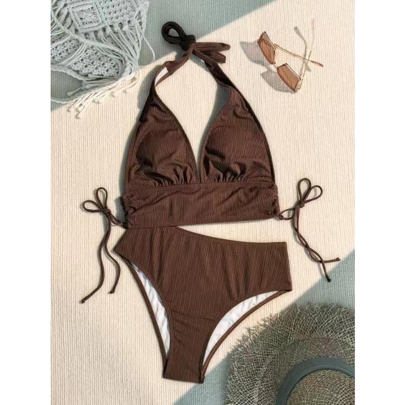New European and American Swimsuit Special Fabric Solid Color Neck Women's Split Bikini Swimsuit