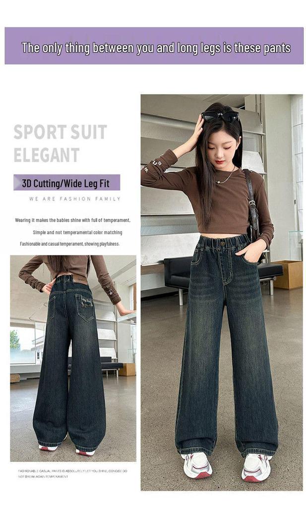Girls' Medium-Large Plush Denim One-Piece Winter Pants - New Korean Style, Versatile Narrow/Wide Leg Design