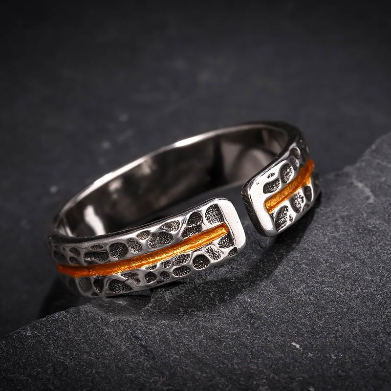 Vintage Hammered Texture Samsara Stone Couple Ring Set Adjustable Open Band Sterling Unisex