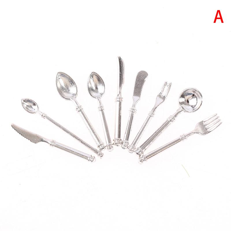 9Pcs/set Vintage Dollhouse Miniatures Tableware Mini Cutlery Knife Fork Spoon Childrens Toy For Doll House Decor