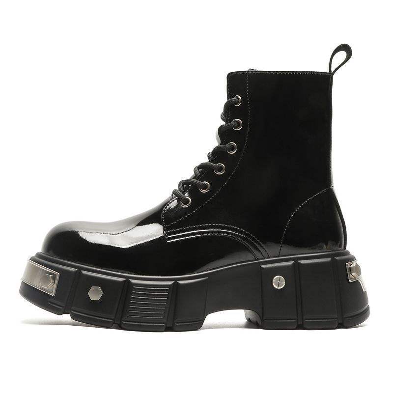 Martin Boots Men's High-top British Style Thick-soled Heightened Bright Leather Black Locomotive Boots Round Head Side Zipper Punk Boots Men