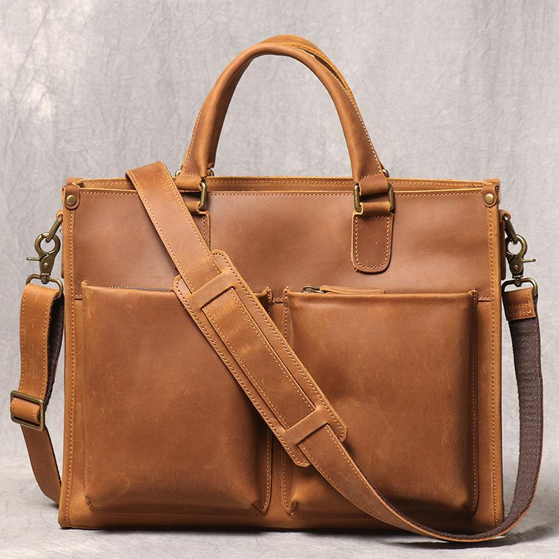 Retro Fashion Men S Genuine Leather Laptop Bag Crazy Horse Leather Handmade Shoulder Oblique Span Bag Large Capacity Briefcase 14inch