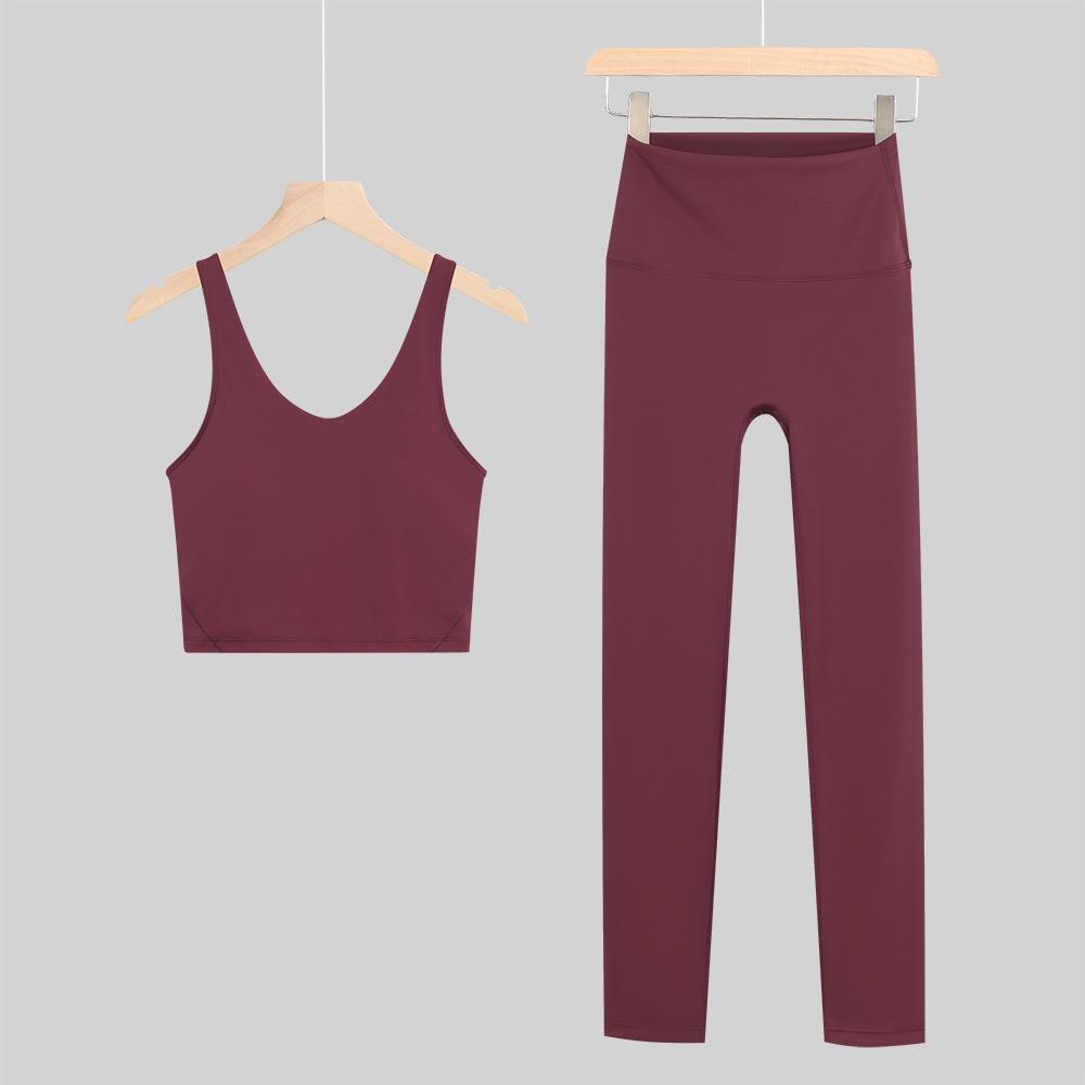 Lulu U-Back Sports Tank & 9-Point Yoga Pants Set with Bare-Feel Push-Up Bra for Women's Fitness