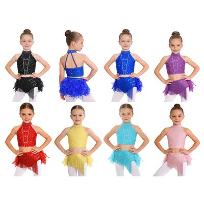 Třpytivý taneční kostým s třásněmi a peřím pro děti dívky: Topy bez ramínek crop top s páskovým zadním dílem a elastickou pasovou sukní pro jevištní vystoupení