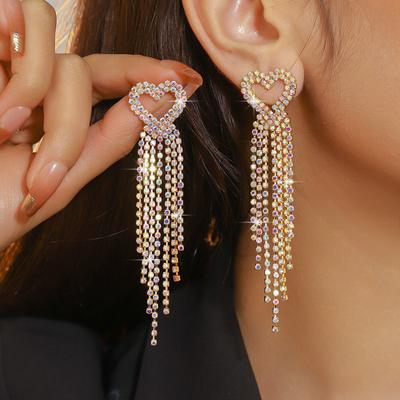 Premium Sense Shiny Crystal Long Heart-Shaped Tassel Earrings