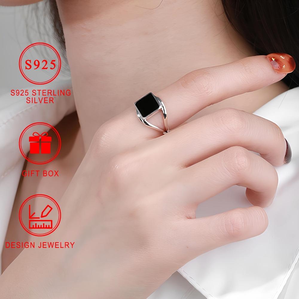 Anillos Cuadrados Negros de Plata de Ley 925 de Moda para Mujer Anillo de Dedo Diario para Fiesta Joyería Fina Regalo