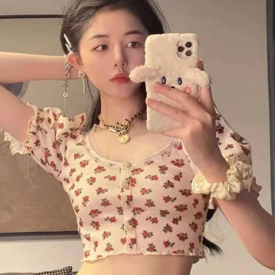 2025 Summer Women's Retro Floral Puff Sleeve Square Neck Crop Top