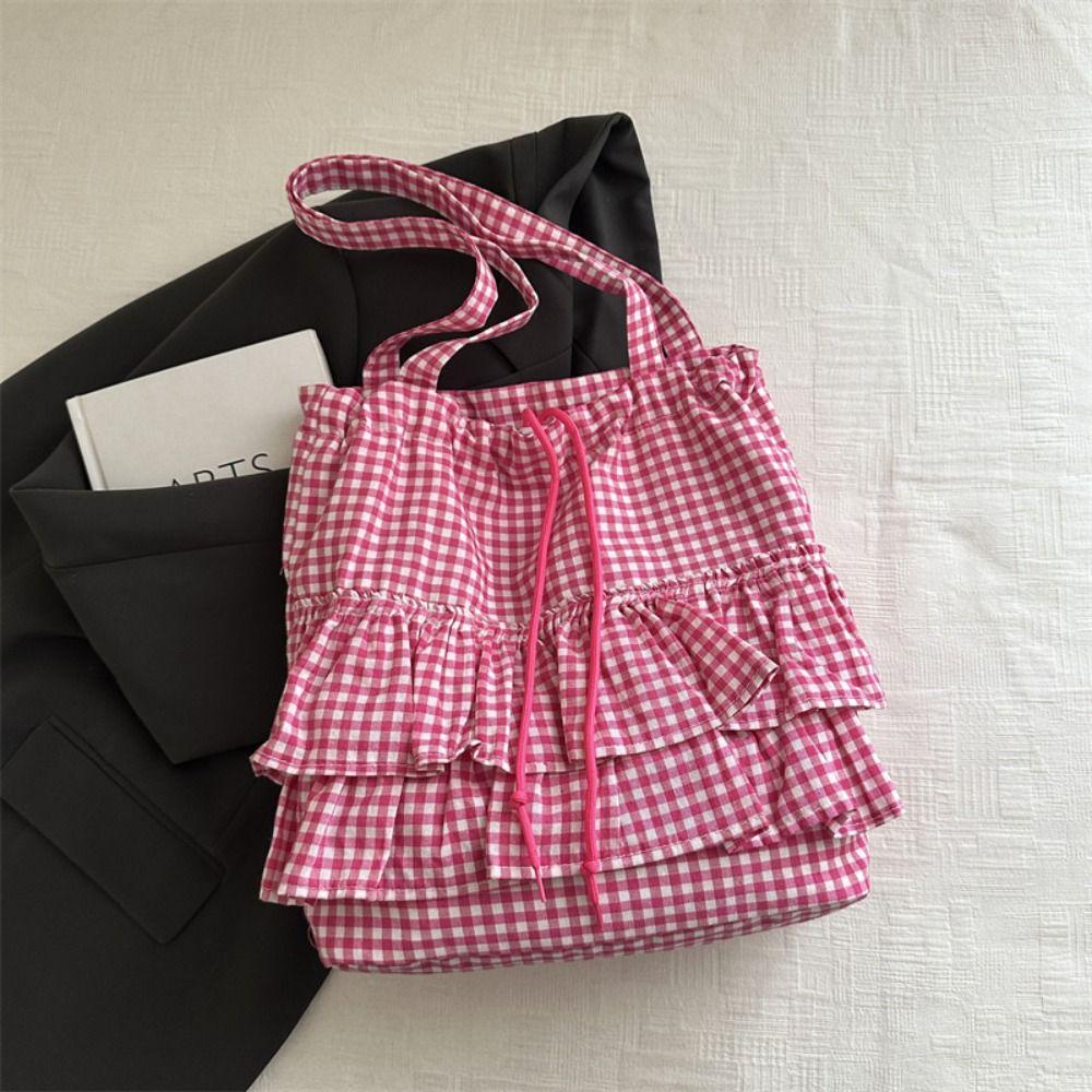 Korean Style Drawstring Bag Fashion Plaid Tote Bag Simple Lotus Leaf Shoulder Bag Storage Bag