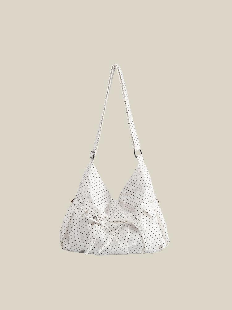

Summer simple bow one-shoulder crossbody bag commuting versatile tote bag Korean small fresh polka dot canvas bag for women білий