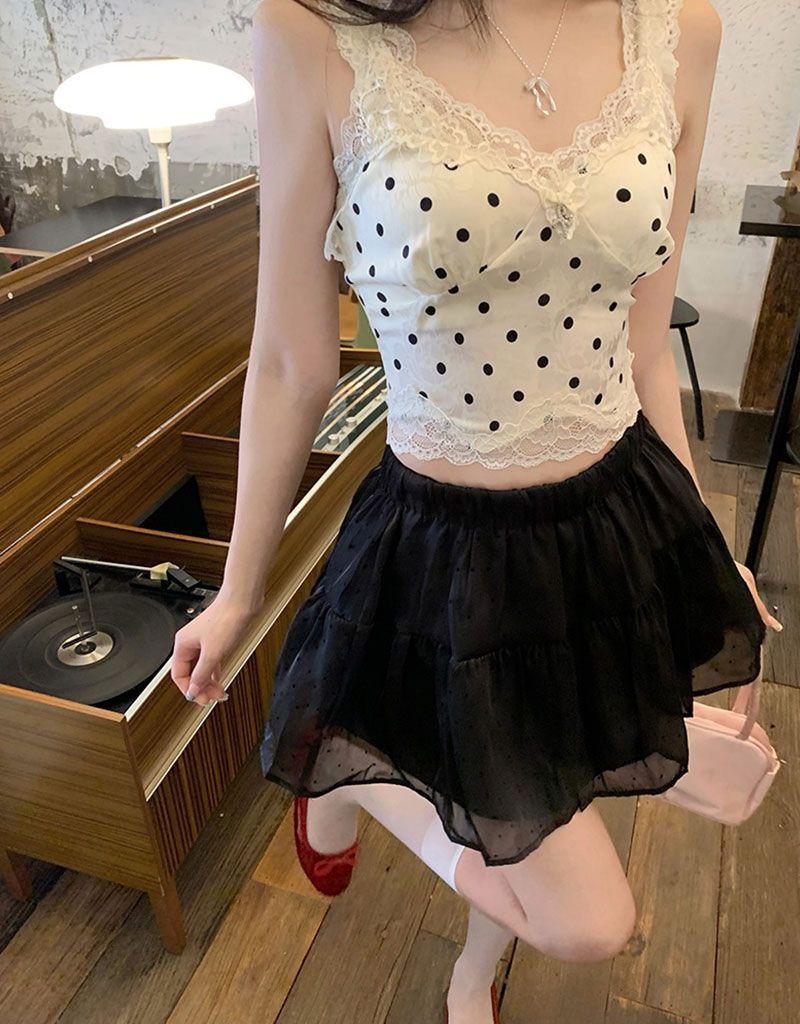 Chic Polka Dot Lace Camisole: French-Style Summer Top for Women
