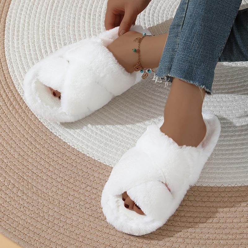 Autumn and Winter New Plush Slippers Women's Outer Wear Home Thick Bottom Large Size Cross Cotton Slippers