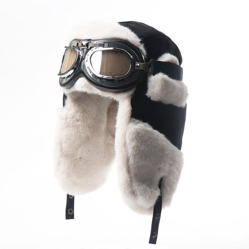 Winter Fleece-Lined Suede Biker Hat With Goggles Outdoor Riding Ear Neck Protection Unisex Warm Cap
