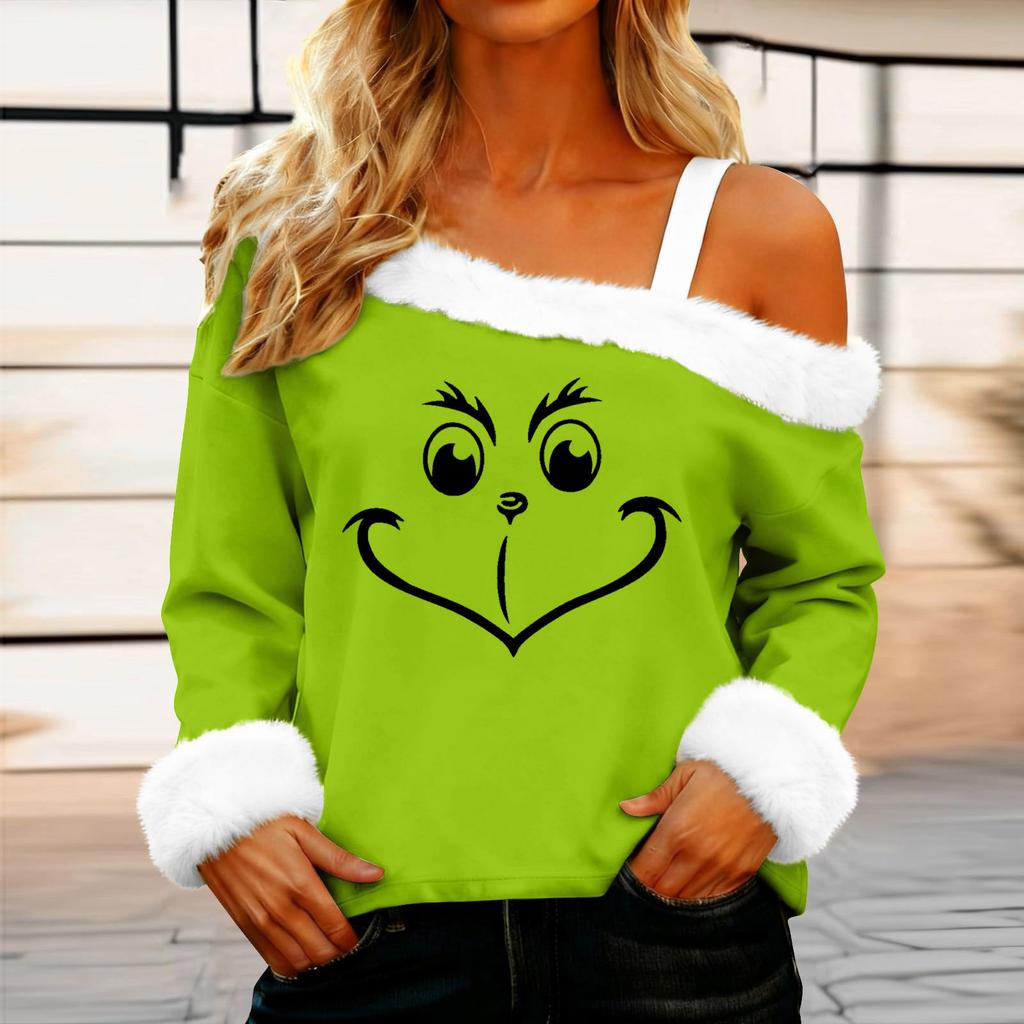 Women's Casual Fashion Sexy Off-Shoulder Collar Christmas Pattern Long Sleeve Crewneck T-Shirt Top