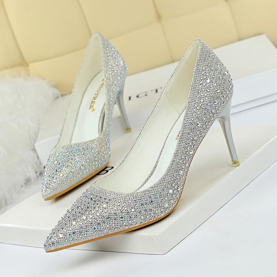 "9219-22 Korean Fashion Women's Sexy Stiletto Heels with Rhinestone Embellished Pointed Toe"