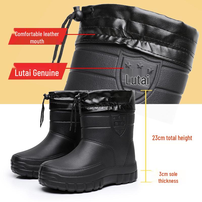 Vanntette fleeceforede midtlegg-regnstøvler, varme og tykkere med snøring for vinterbeskyttelse. Egnet for utendørs bruk.