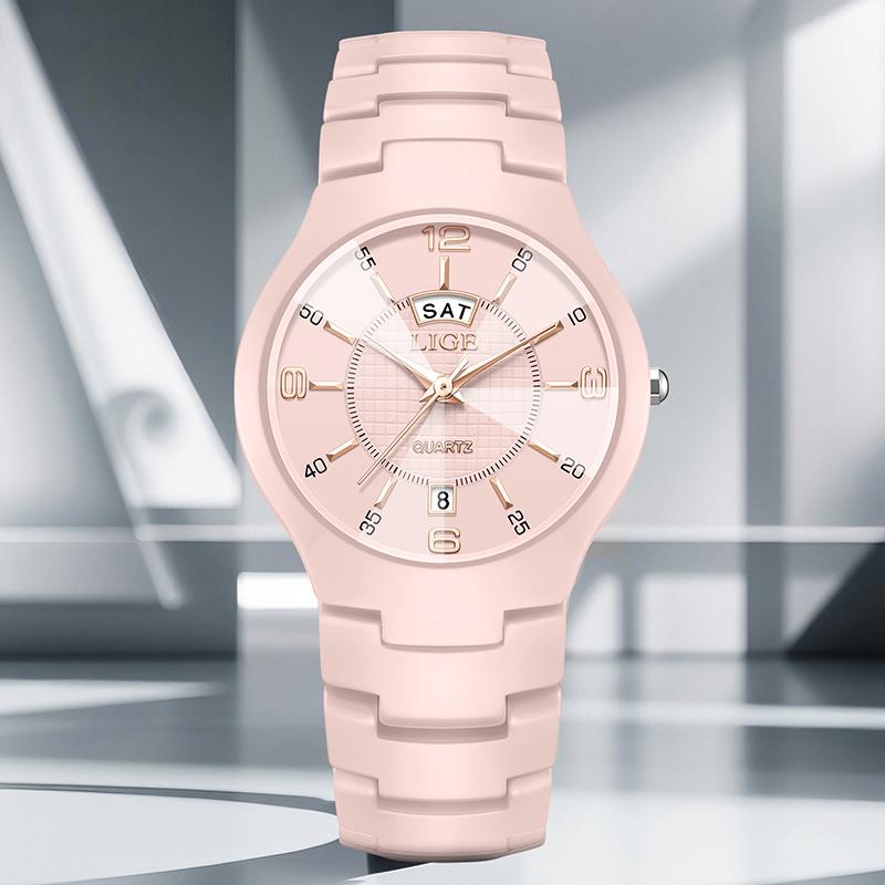 LIGE Elegante Keramik Damenuhr Luxus Mode Quarz Armbanduhren Wasserdicht Datum Woche Uhren Damen Geschenke Reloj Mujer+Box